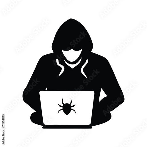Anonymous hacker using laptop to spread malicious software and steal information, hacker cracking encryption silhouette vector illustration