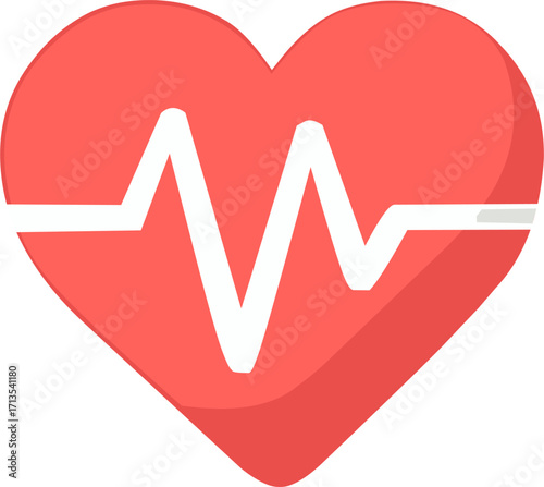 Flat illustration of a red heart with an electrocardiogram line, representing healthcare, medical monitoring, love, and cardiology.