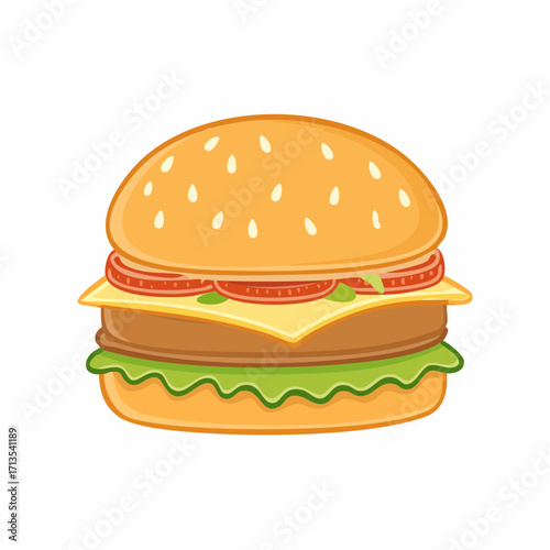 Delicious Cartoon Hamburger with Sesame Seeds Cheese and Vegetables.