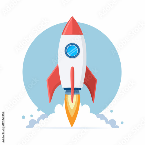 Stylized white and red rocket launching upwards with bright orange exhaust.