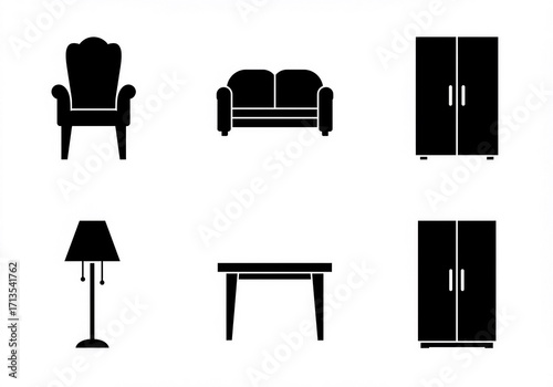 Black vector set of furniture icons including chairs, sofas, tables, beds, and other interior design symbols for home and office