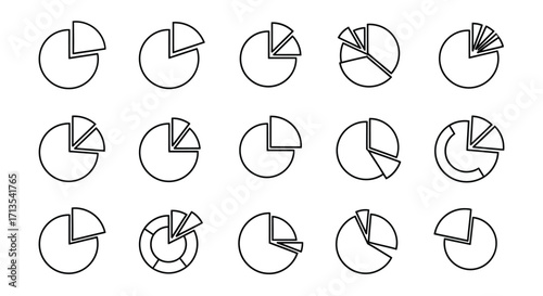 Collection of hand-drawn pie chart icons representing data analysis and business statistics options vector