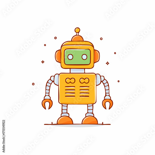 Adorable cartoon robot with orange and yellow body and green eyes.