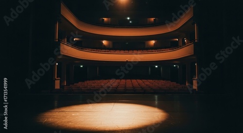 Empty Theater Stage with Spotlight Illuminating the Center of the Performance