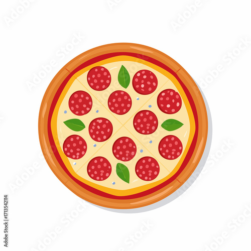 Delicious round pepperoni pizza with fresh basil leaves a vibrant flat vector illustration.