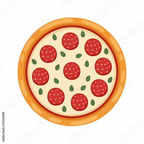 Cartoon Style Pepperoni Pizza with Basil Leaves and Golden Crust.