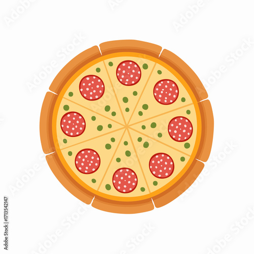 Vibrant flat design pepperoni pizza illustration round sliced featuring green olive toppings.