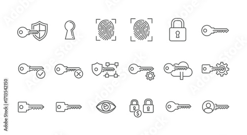 Collection of security and access icons featuring keys locks and fingerprints for digital safety concepts vector