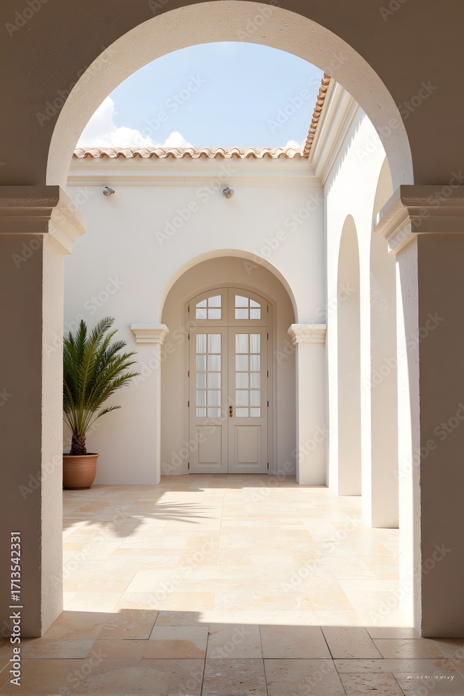 Obraz premium Sunlit white corridor with arched doorway and potted palm.