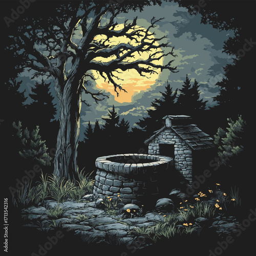 A chilling old well surrounded by darkness and haunted whispers. , vector style simple color