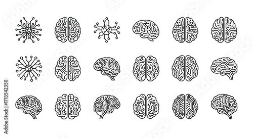 Detailed stylized brain icons representing intelligence and neural networks in a grid layout vector