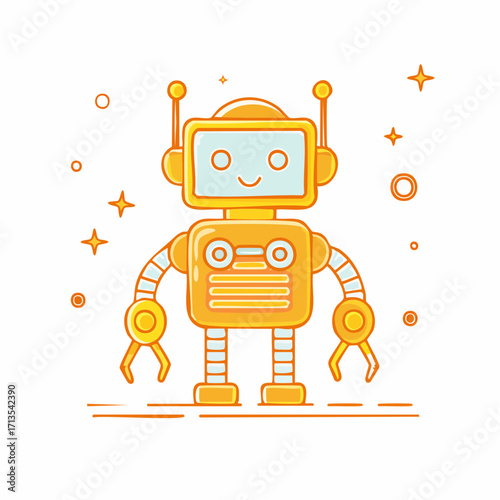 Adorable cartoon robot with bright orange and yellow metallic body.