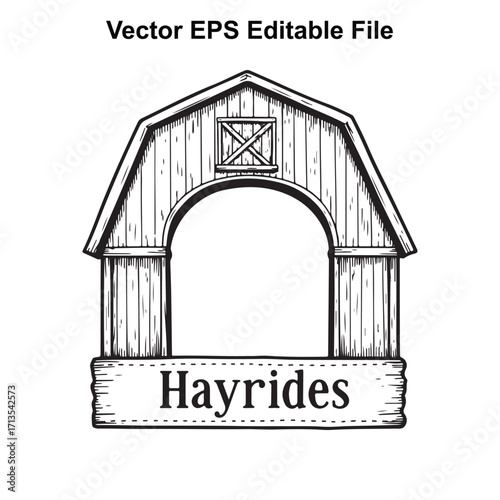 Vector art of barn with archway and sign for hayrides