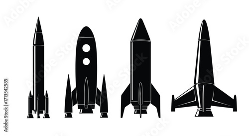 Four retro style silhouettes of rockets and spaceships ready for cosmic adventure and exploration vector