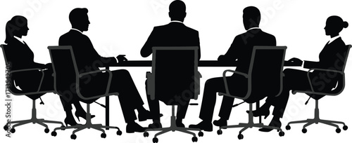 Business meeting silhouette group sitting at conference table, teamwork discussion, office collaboration, corporate strategy planning, professional communication, leadership concept illustration