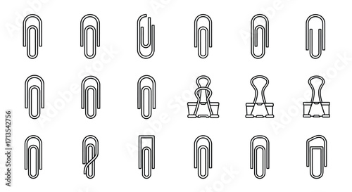 Collection of diverse paperclip and binder clip icons simple line art style for office supplies and organization vector