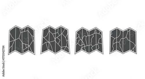Four abstract geometric shapes with textured surface and cracked appearance vector