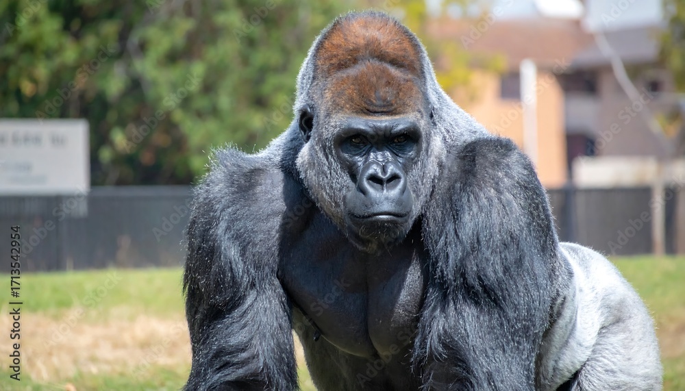 Obraz premium Majestic gorilla in a grassy enclosure