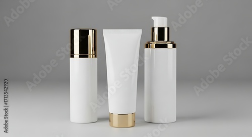Cosmetic Containers Mockup with Gold Caps and Pump for Beauty Product Presentation
