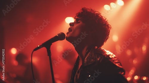 Emotional male vocalist singing into a microphone at a live music concert