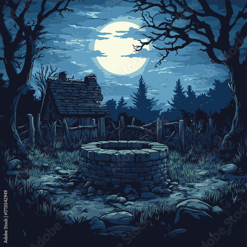 A chilling old well surrounded by darkness and haunted whispers. , vector style simple color