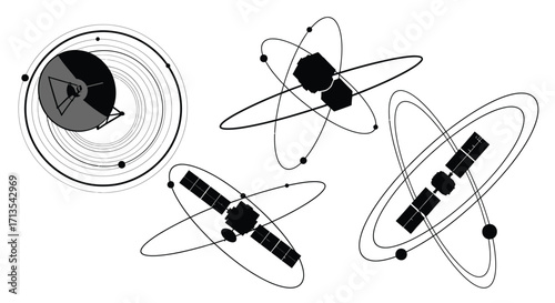 Schematic depiction of orbital satellites and celestial body with lunar shadow vector