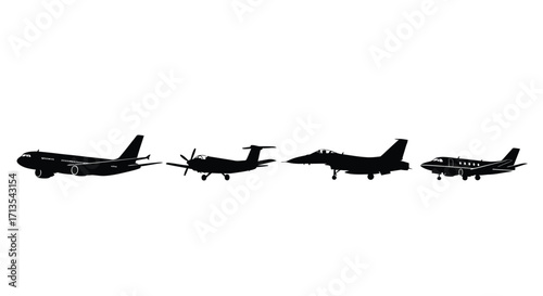 Diverse collection of aircraft silhouettes displayed in a row for aviation themes vector