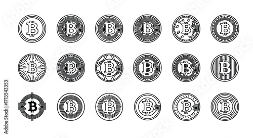 Collection of unique vintage bitcoin cryptocurrency emblem designs and icons symbolizing digital currency vector