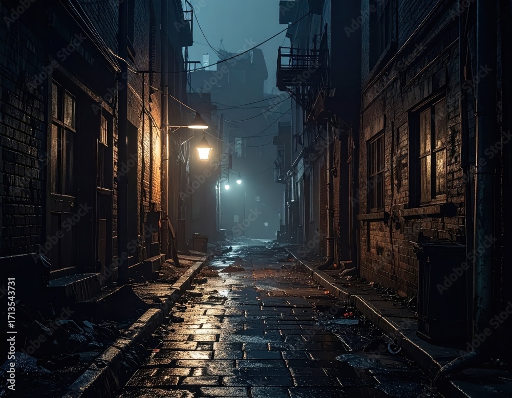 Fototapeta premium Quiet Night in a Dimly Lit Urban Alley with Shadows and Fog