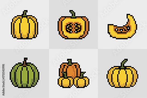 Pixel pumpkins collection, whole squash, carved jack o lantern, sliced wedge, green gourd, autumn harvest icons, vector illustration