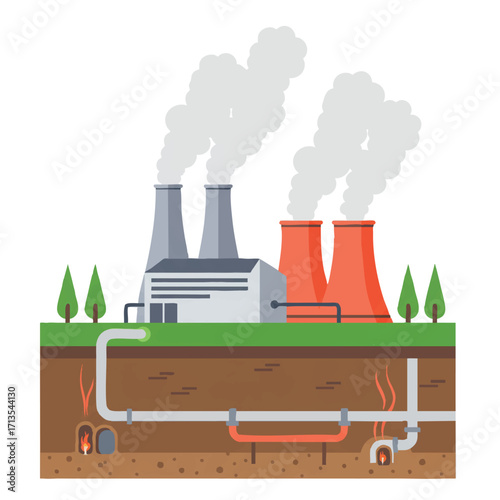 A flat 2D vector illustration shows a geothermal power plant with steam plumes, vibrant and stylized, revealing underground heat sources and pipes on a white background.
