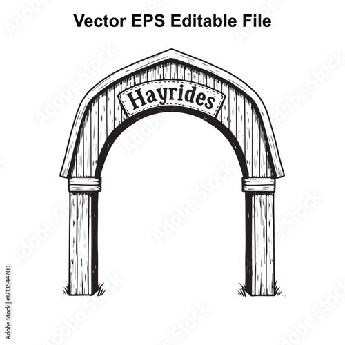 Vector art of rustic wooden archway with hayrides sign, vector eps editable file