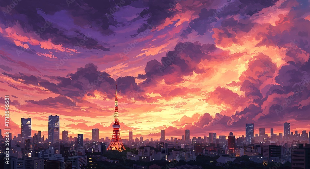 Obraz premium Anime Cityscape at Sunset: Vibrant Sky and Urban Silhouette