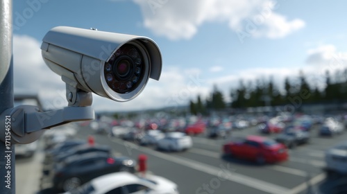 Close-up of a security camera monitoring a busy parking lot, highlighting safety and surveillance technology.