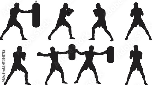 Silhouette of boxer training with punching bag, practicing boxing techniques, martial arts workout, fitness exercise, combat sports illustration concept