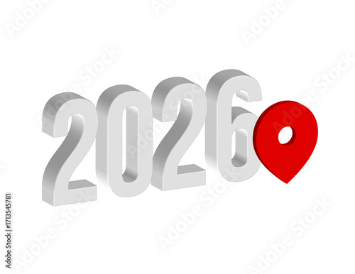 Simple illustration of a 3D icon of the year 2026 with a location pin. Transparent background. PNG format.