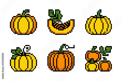 Pixel pumpkins collection with slice icon, autumn vegetables pack, retro 8 bit graphics, orange tones, seasonal vector illustration