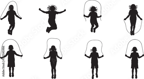Silhouette of children jumping rope, kids playing outdoors, healthy exercise activity, childhood fun, fitness training, active lifestyle illustration concept
