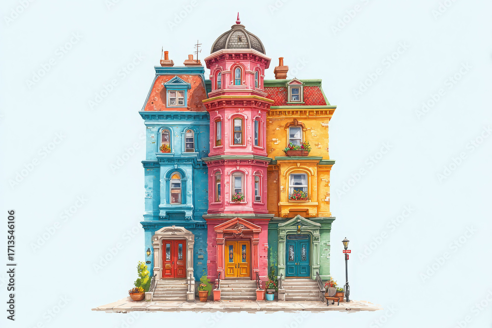 Obraz premium Colorful Victorian style townhouse with vibrant cheerful facade