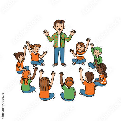 Diverse group of happy schoolchildren enthusiastically raising hands to participate with their male teacher in a circle, fostering a fun and interactive learning environment