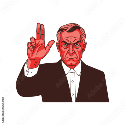 Authoritarian leader with an intense, angry expression making a symbolic hand gesture, an isolated vector art of command and control