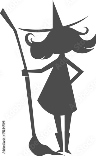 Dark Silhouette of a Witch with Pointed Hat and Broomstick.