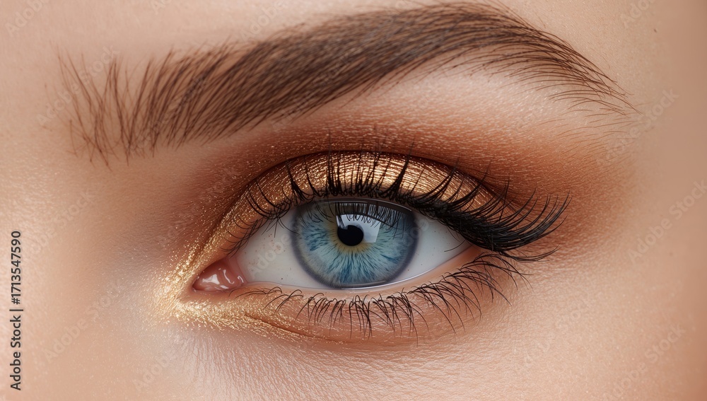 Obraz premium An Eye Adorned. Macro View of Eye with Golden Shadow and Blue Iris Detail.