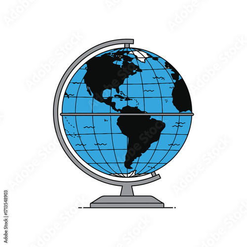 Detailed line illustration of a classic school globe on a stand, symbolizing global communication, international travel and worldwide education