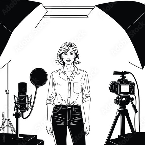 Woman standing in a studio setting with equipment, including a microphone, camera, and lighting. Ideal for media production or content creation