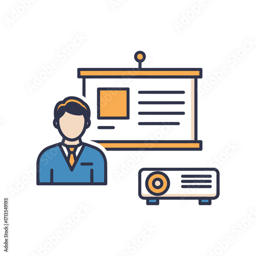 Business presentation illustration showing a man in a suit next to a projector and a projection screen to teach, explain, or persuade others