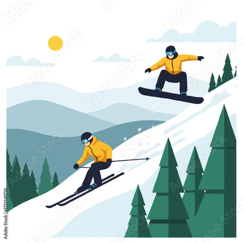 Flat vector illustration of skiing on snowy mountain slope, snowboarder jumping in action, pine trees and hills in background