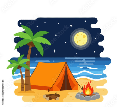 Flat vector illustration of a beach camping scene, tent pitched on sand near palm trees, campfire glowing, ocean waves in the background