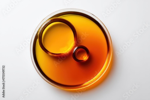 A top-down view of a petri dish containing a bright orange liquid and two concentric rings, one large and one small, on a white surface
