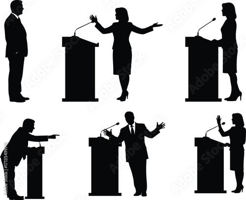 Speaker silhouette illustration, man and woman giving speech at podium, public speaking, business presentation, conference debate, politician addressing audience vector